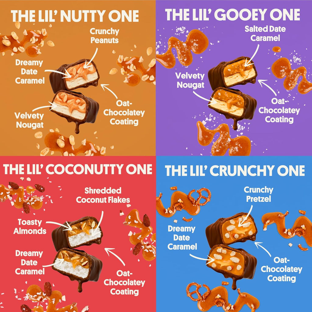 Harken Sweets Lil’ Ones Variety Pack, Mini Oat Milk Chocolate Candy Bars, Sweetened with Dates and No Sugar Added, High Fiber, Dairy Free, Lower Calorie Snack, Plant-Based, 4 Pouches (20 Bars)