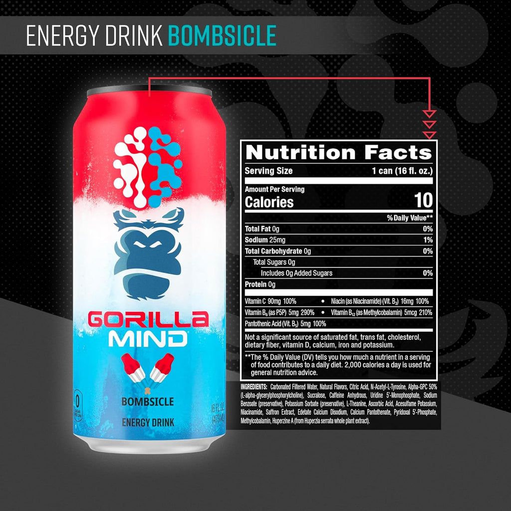 Gorilla Mind Energy Drink | Unmatched Energy · Amplified Focus | N-Acetyl-L-Tyrosine, Alpha-GPC, 200mg Caffeine, Uridine, Saffron | 0 Sugar Or Artificial Colors | 16oz, 12-Pack (Bombsicle)