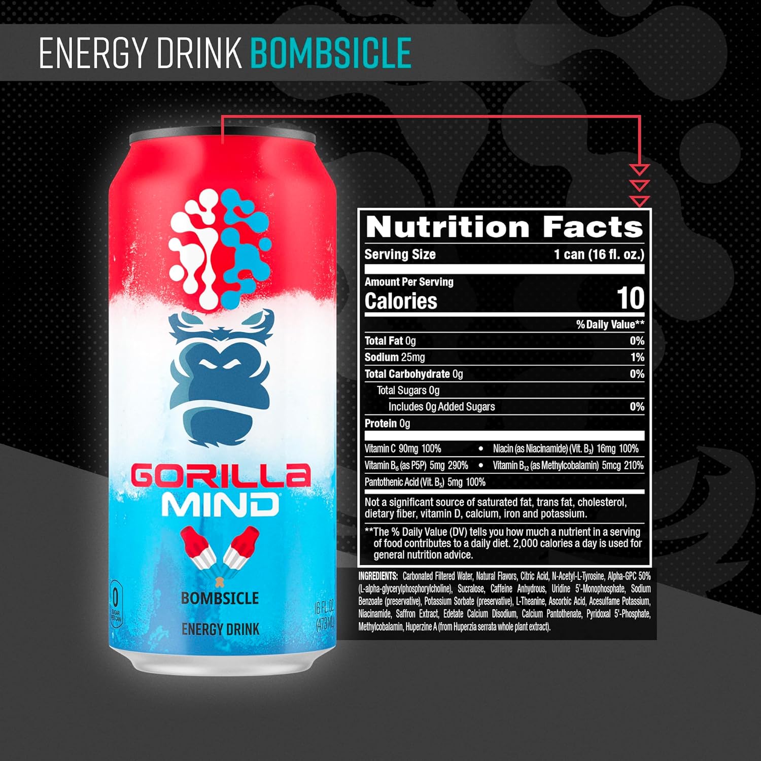 Gorilla Mind Energy Drink | Unmatched Energy · Amplified Focus | N-Acetyl-L-Tyrosine, Alpha-GPC, 200mg Caffeine, Uridine, Saffron | 0 Sugar Or Artificial Colors | 16oz, 12-Pack (Bombsicle)