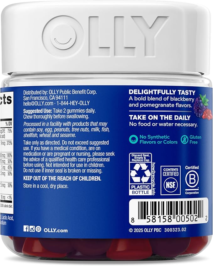 OLLY Men's Multivitamin Gummy, Vitamins A, C, D, E, B, Zinc, Blackberry Flavor, 45 Day Supply - 90 Count