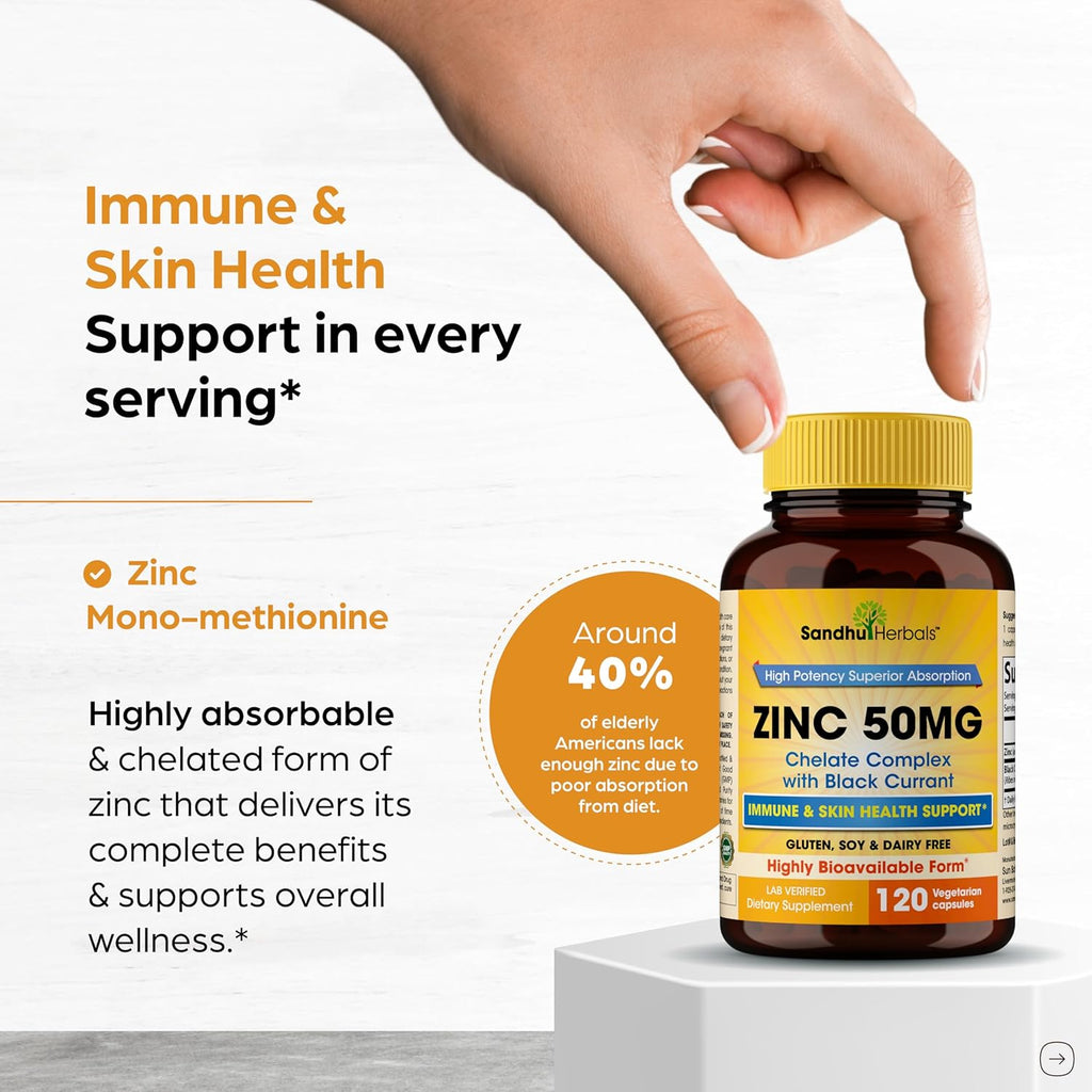 Sandhu Herbals Zinc 50mg Supplement for Men & Women| High Absorption Monomethionine Complex with Black Currant 120 Capsules (Pack of 2)| Zink Supplements for Immune, Acne & Antioxidant Support