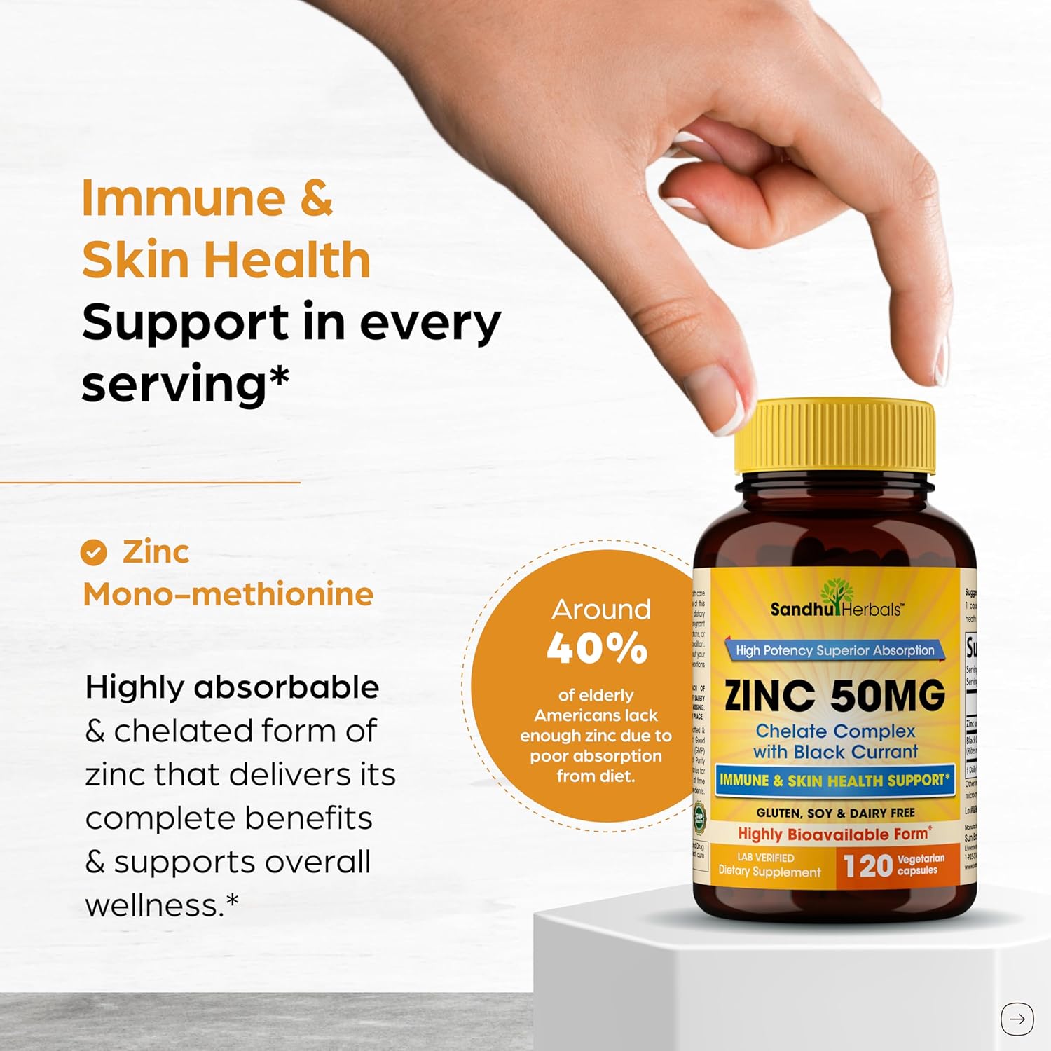 Sandhu Herbals Zinc 50mg Supplement for Men & Women| High Absorption Monomethionine Complex with Black Currant 120 Capsules (Pack of 2)| Zink Supplements for Immune, Acne & Antioxidant Support