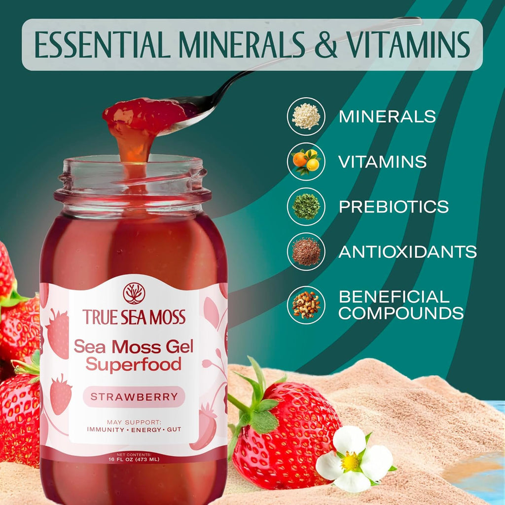 TrueSeaMoss Sea Moss Gel – Made in USA – Wildcrafted Seamoss, Fruits & Jarred Vegetables – Strawberry, Pack of 1 (Labels may Vary)