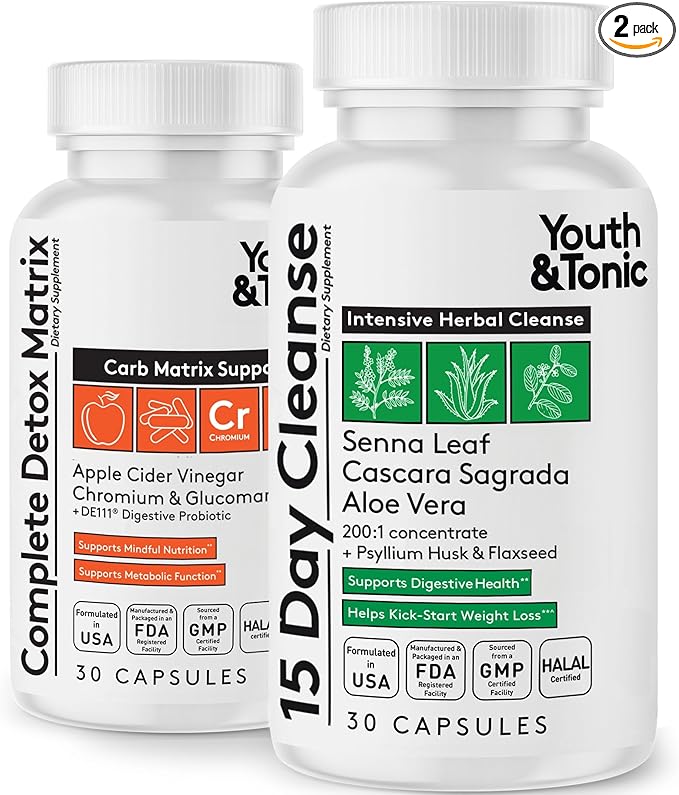 Youth & Tonic 15 Day Cleanse & Carb Matrix Support for Bloating & Metabolism, Intensive Herbal Colon Cleanser & Gut Detox for Digestive Reset with Senna, Glucomannan & Chromium, 60 Pills