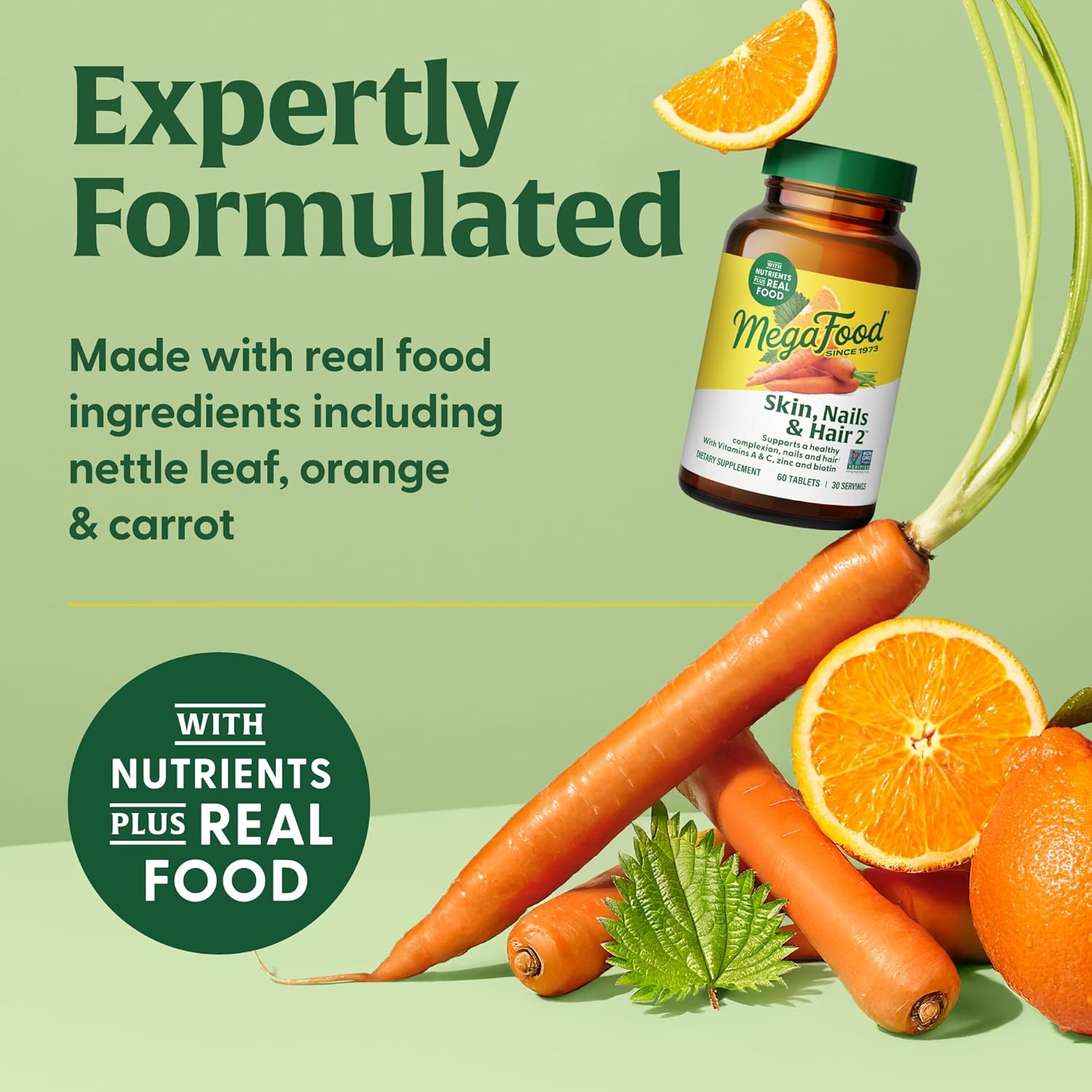 MegaFood Skin, Nails & Hair 2 - Vitamins for Women & Men - Biotin, Vitamin A, C, Zinc, B6, E, Pantothenic Acid - Vegan - Made Without 9 Food Allergens - 60 Tabs (30 Servings)