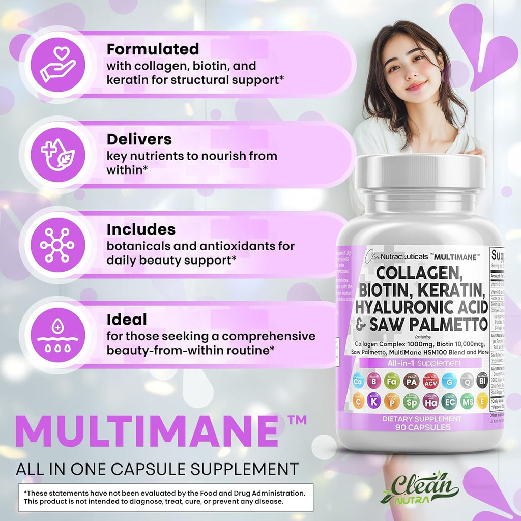 Clean Nutraceuticals Collagen Pills 1000mg Biotin 10000mcg Keratin Saw Palmetto Hyaluronic Acid - Hair Skin & Nails Vitamins & DHT Blocker (90 Count (Pack of 2))