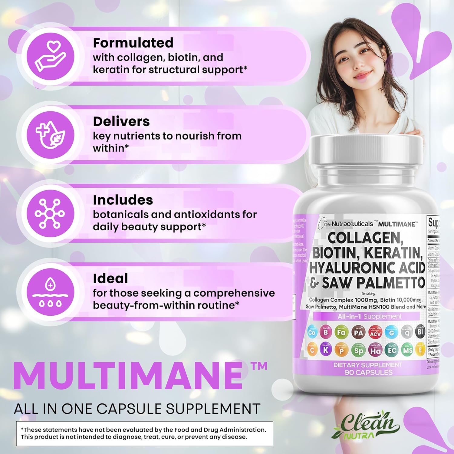 Clean Nutraceuticals Collagen Pills 1000mg Biotin 10000mcg Keratin Saw Palmetto Hyaluronic Acid - Hair Skin & Nails Vitamins & DHT Blocker (90 Count (Pack of 2))
