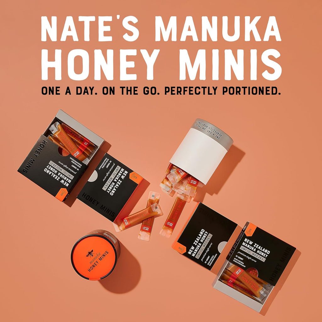 Nate's Manuka Honey Minis - 10 count Single-serve, Pure Manuka Honey - MGO 263+ | UMF Certified 10+ - 10 Single-Serve Packets for On-the-Go Daily Wellness