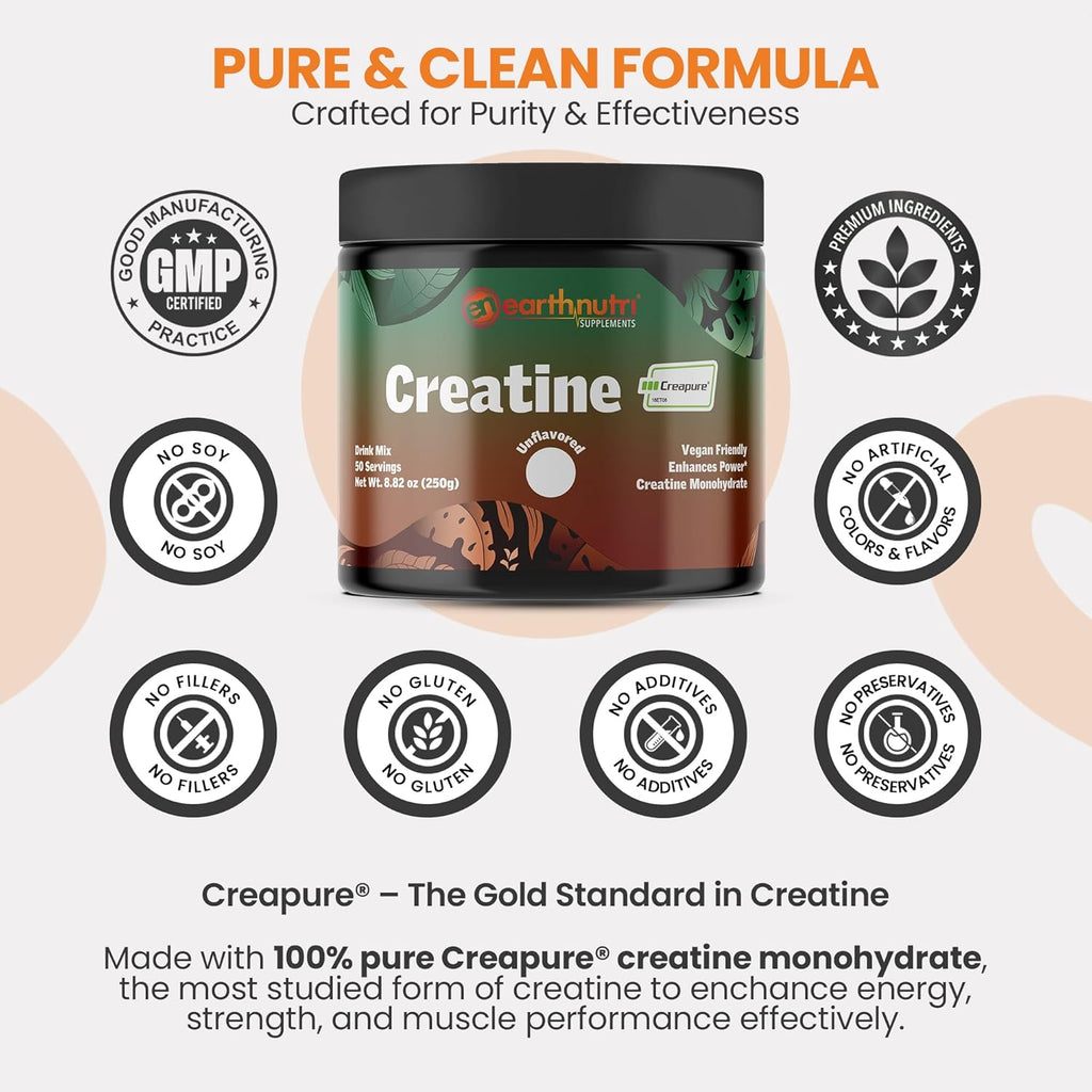 EarthNutri Creatine Monohydrate Powder - Pure Creatine Supplement for Muscle Strength, Strength & Performance – Non-GMO, Sugar-Free, Additive-Free – for Men & Women, Unflavored 250g