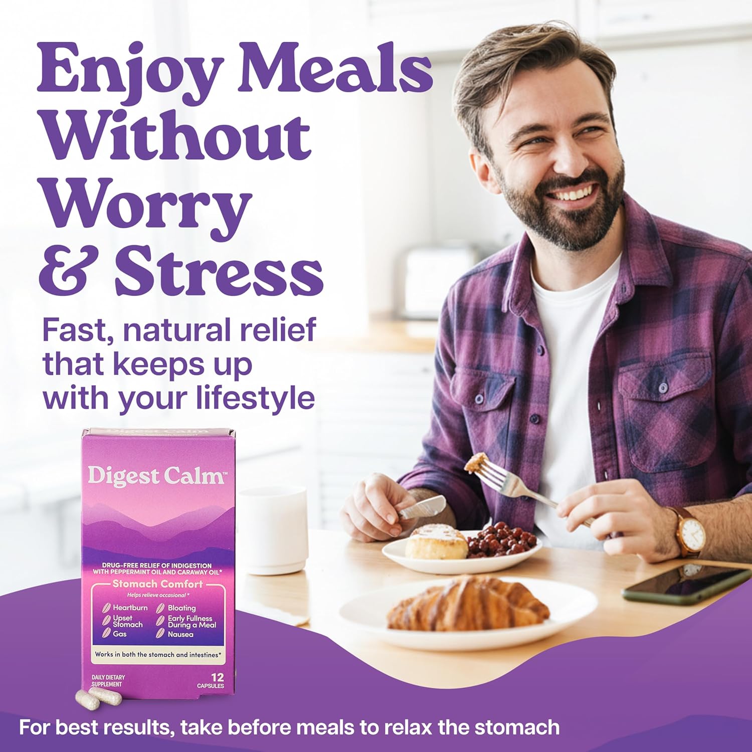 Digest Calm™ - Relief of Occasional Indigestion, Upset Stomach, Nausea, Gas, Bloating, Early Fullness - Herbal Supplement - 12 Capsules