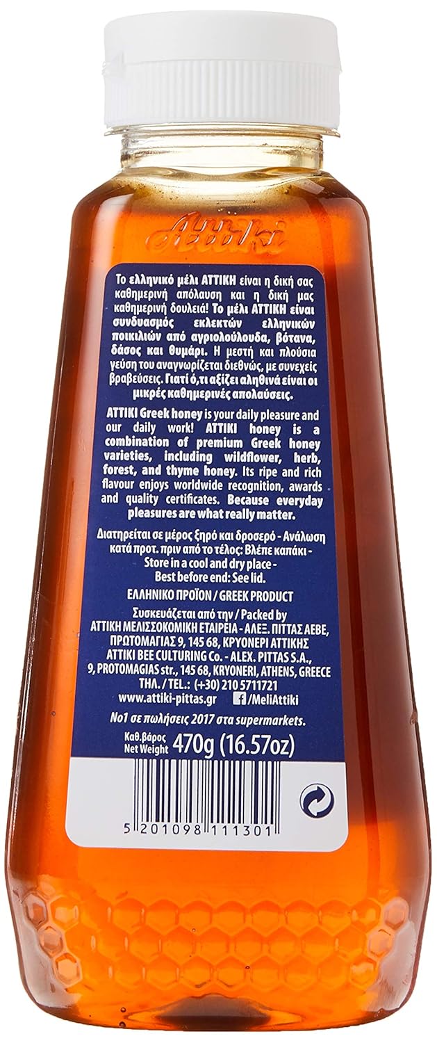 Attiki Pure Greek Honey with Thyme, Wild Flowers and Herbs, Perfect for Baking, Cooking, Lemonade and Tea, 16.58 oz (470 grams), Bottle
