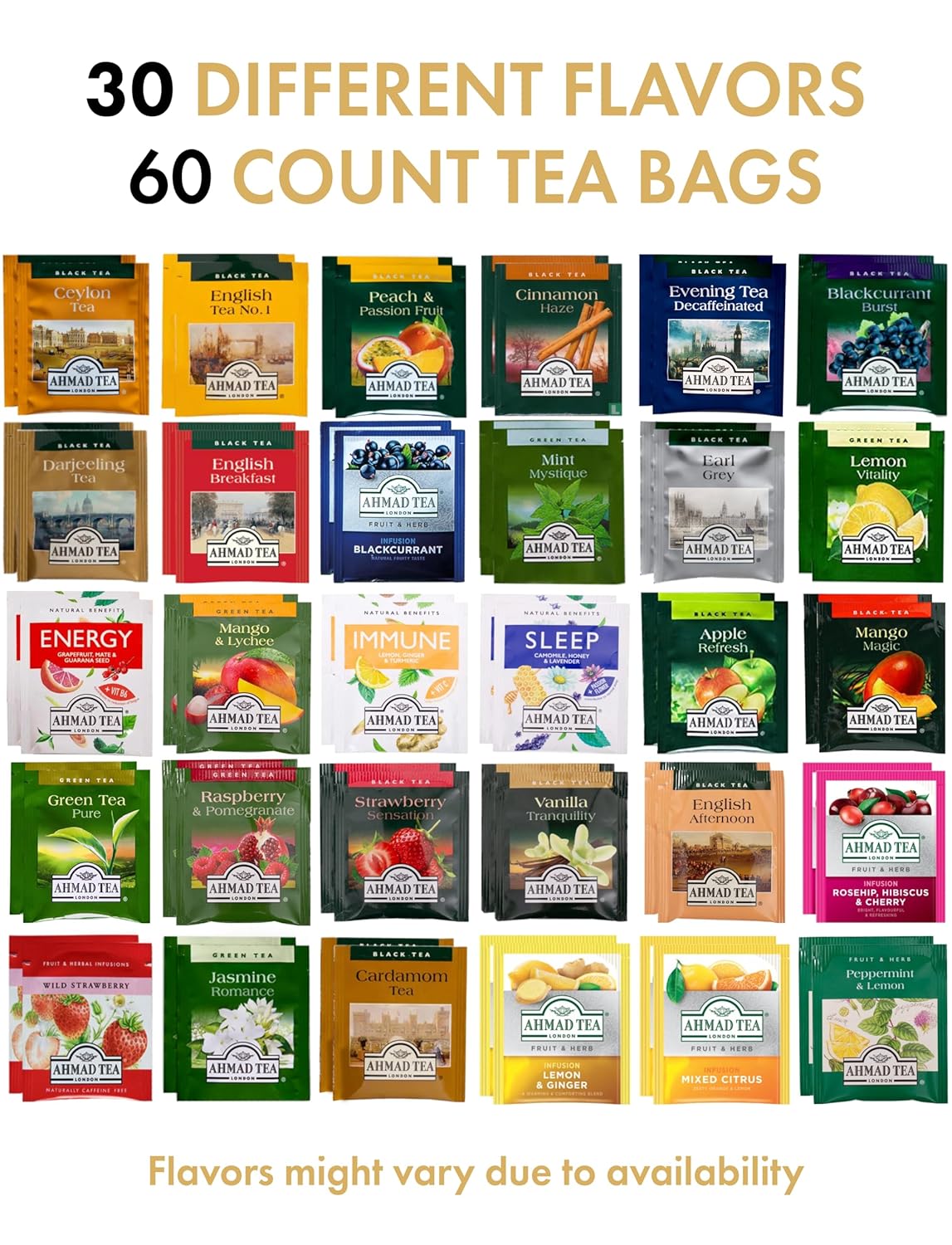 Ahmad Tea Bags Sampler Assortment Variety Pack (60 Count) 30 Flavors of Tea (2 Packs of Each Tea Type)