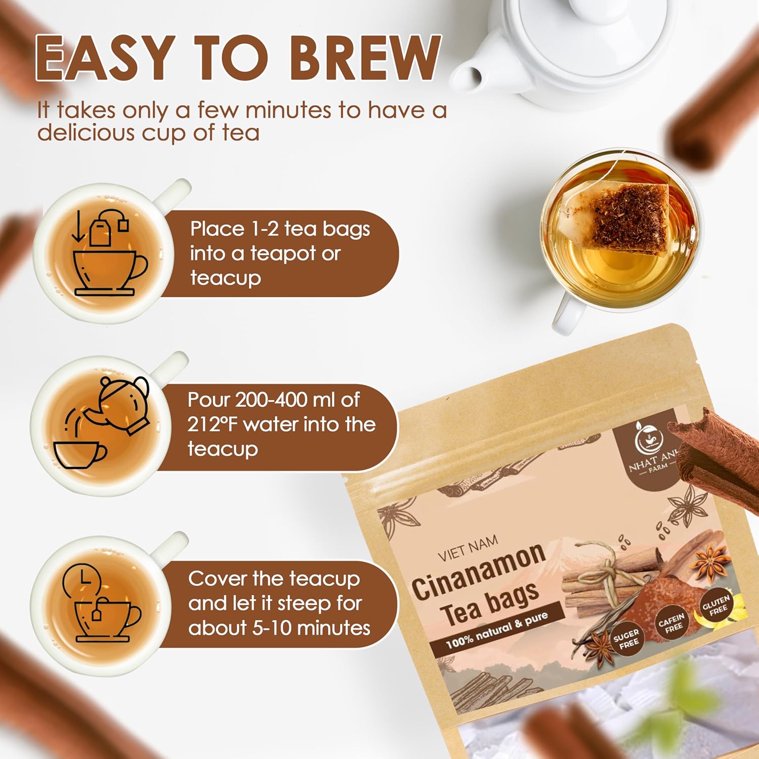 NHAT ANH FARM - Premium Cinnamon Tea Bags, 40 Teabags, 2g/bag, 100% Natural, Hand-Selected Cinnamon Tea Bags, No Additives, Sugar-Free,Caffeine-Free. Good For Your Health.