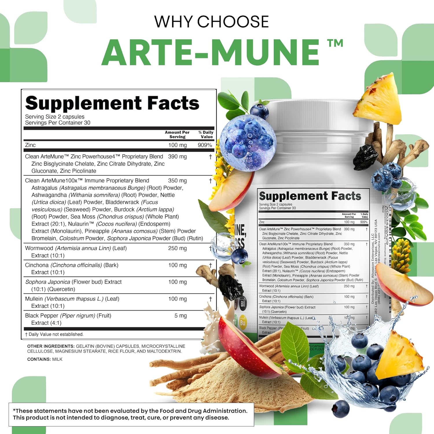 Clean Nutraceuticals Artemisinin Quercetin Zinc Mullein Quinine Supplement with Sea Moss Bromelain Ashwagandha Root Nettle Leaf Bladderwrack Burdock Root Monolaurin Colostrum Rutin