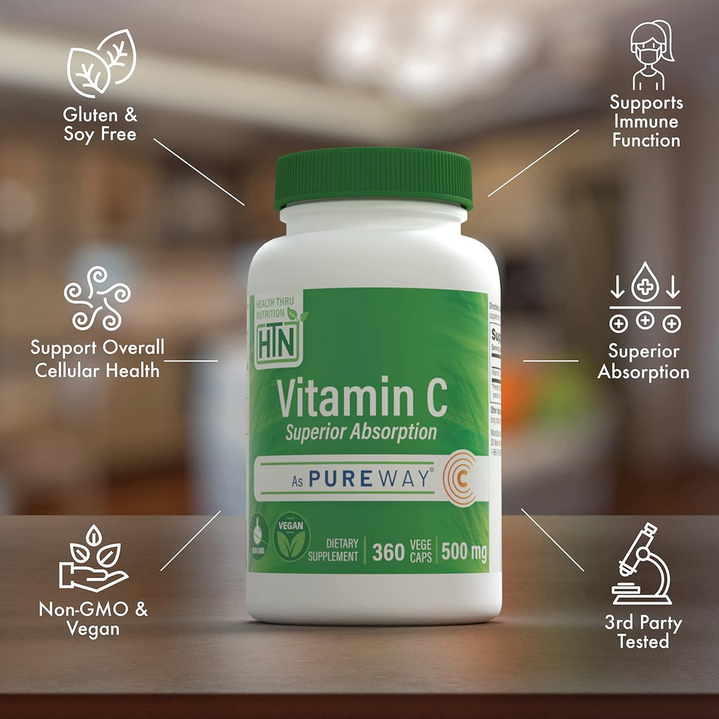 Health Thru Nutrition Vitamin-C 500mg as PureWay-C 360 Vegecaps Superior Absorption | Healthy Immune Function and Collagen Support | 3rd Party Tested | Vegan, Non-GMO and Gluten Free