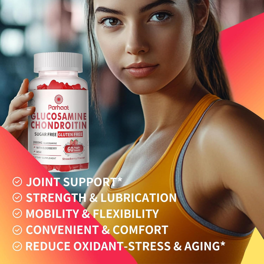 Glucosamine Chondroitin Gummies with MSM & Elderberry Extra Strength - Joint Support, Antioxidant Immune Support Supplement for Adults, Men & Women.Strawberry