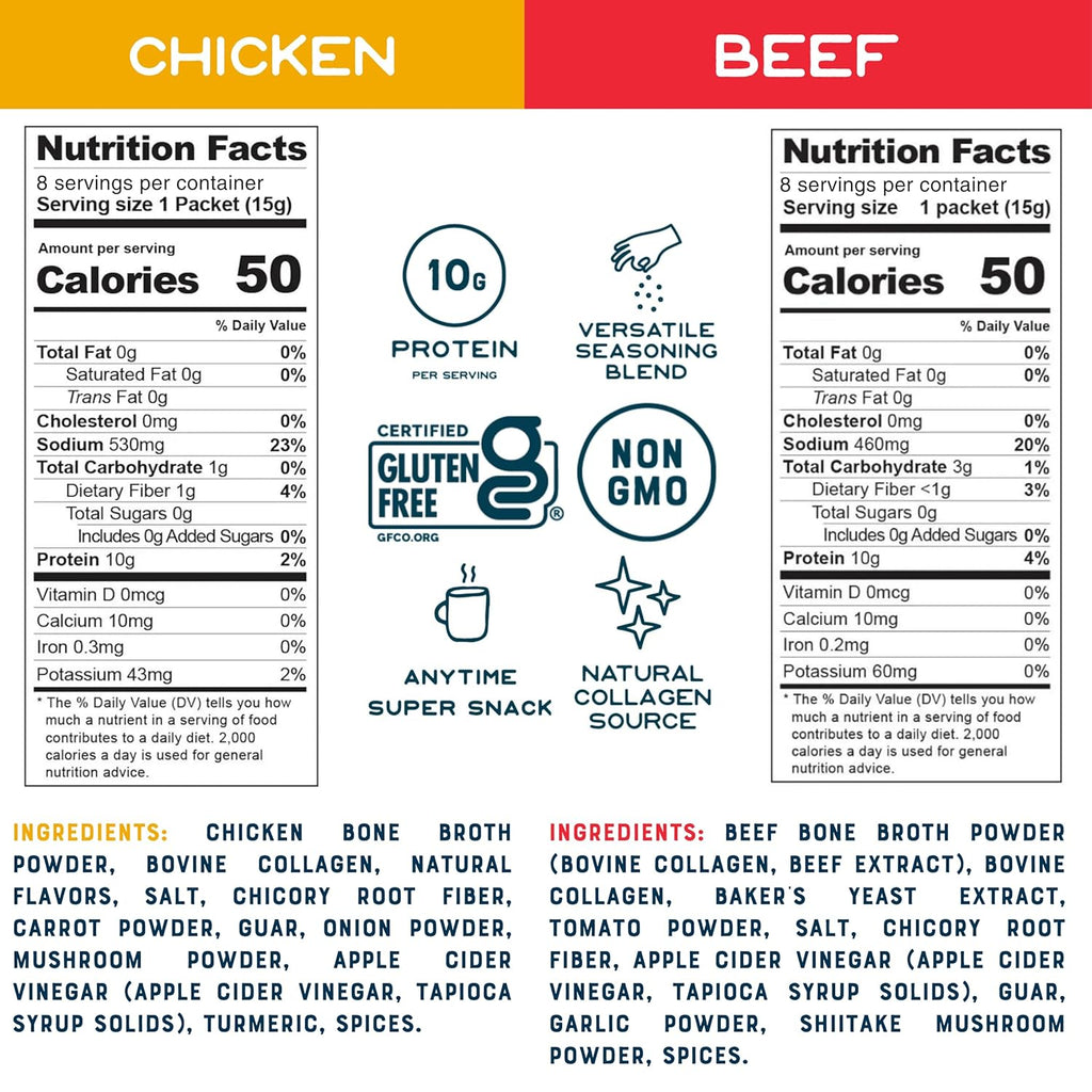 Bare Bones Bone Broth Instant Powdered Mix, Variety Pack, 8 Chicken and 8 Beef, 15g Sticks, 10g Protein, Keto & Paleo Friendly Bone Broth Packets, 16 Total Servings