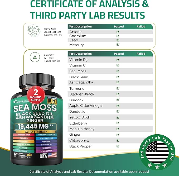 Sea Moss Black Seed Oil Ashwagandha Turmeric Bladderwrack Burdock & Vitamin C Vitamin D3 with Elderberry Manuka Dandelion Yellow Dock Iodine Chlorophyll 16 in 1 Supplement (360 Capsules, 3 Bottles)