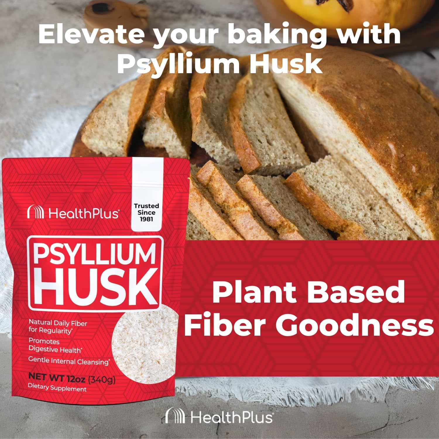 Health Plus, Psyllium Husk, 12 oz, 48 Servings - Natural Detox, Daily Dietary Fiber Supplement, Constipation Relief, Gentle Gut Cleanse, Keto Baking