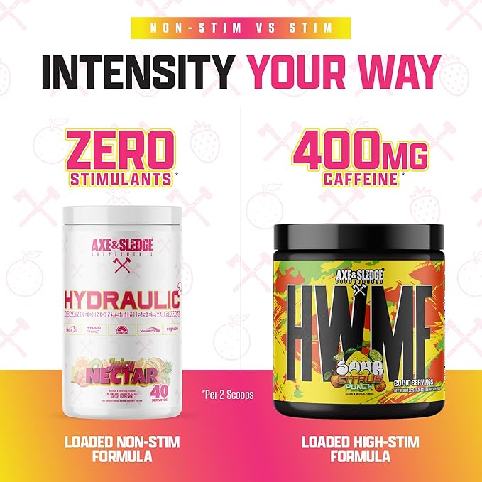 Axe & Sledge Hydraulic Stim-Free Pre-Workout Powder for Men & Women | Performance, Stamina, Focus, Pumps | L-Citrulline, Beta Alanine, Creatine, Caffeine-Free, Juicy Nectar