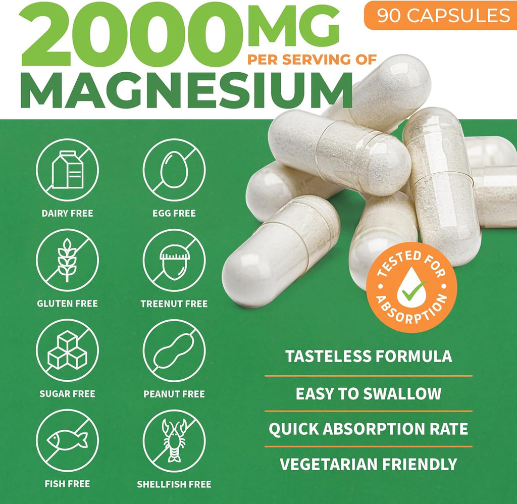 Forest Leaf Magnesium L-Threonate Magtein Capsules - 2000mg Magnesium Threonate Supplement Supports Cognitive Function, Focus, Brain, Deep Calm and Sleep for Men & Women | 90 Powder Veg Caps
