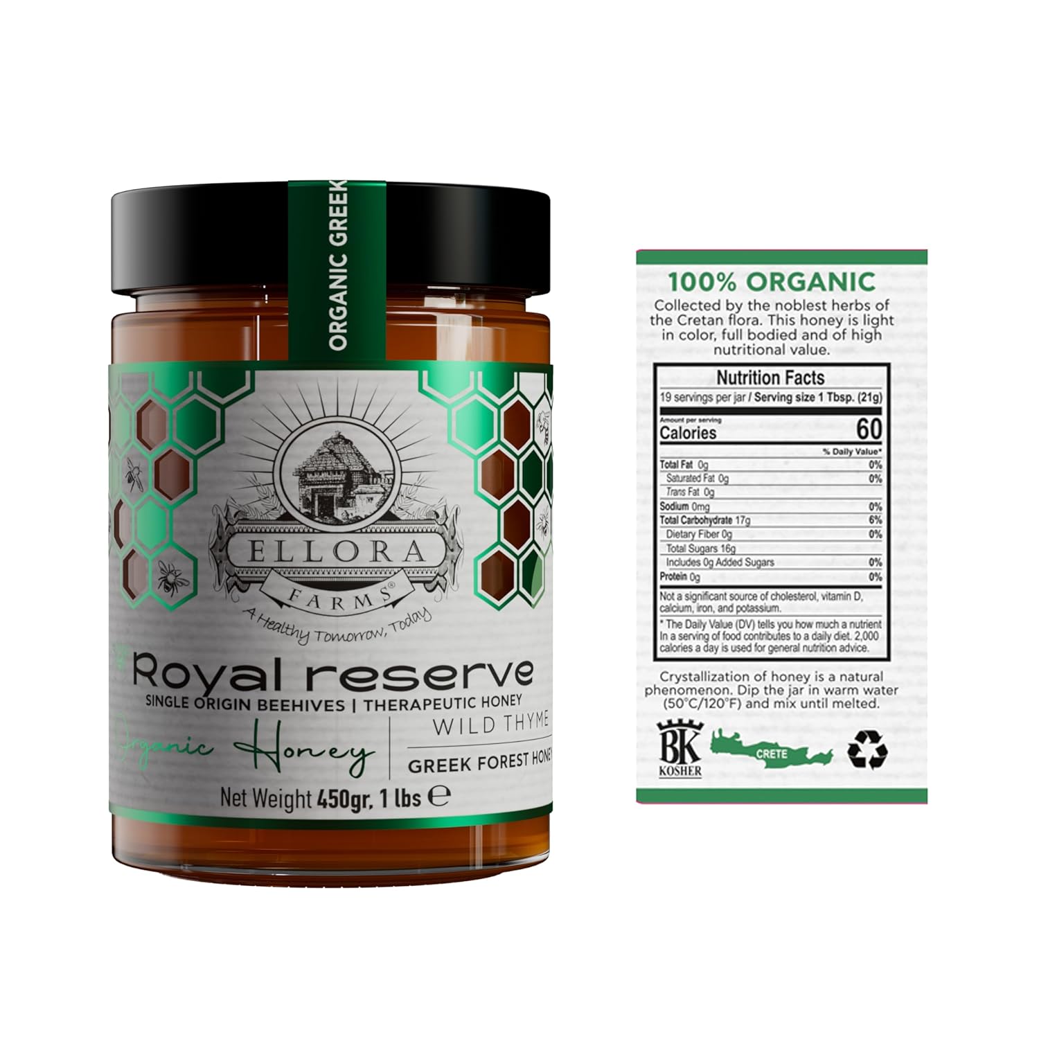 Ellora Farms Organic Honey, Wild Thyme Organic Honey Raw Unfiltered, Preservative and Additive Free, 2025 Paris and Dubai Gold Awards Winner, Gift Pack with Dipper - 450 g