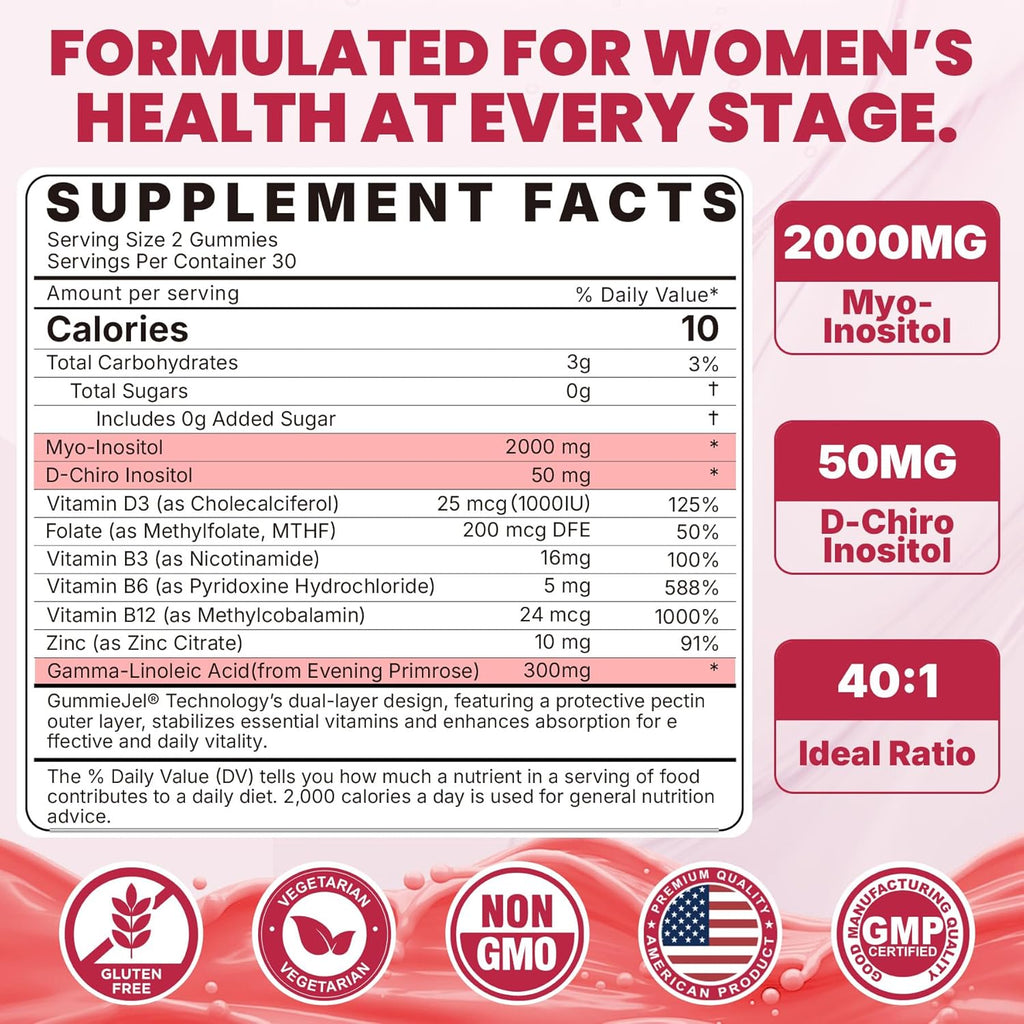 Myo-Inositol & D-Chiro Inositol Gummies with Evening Primrose Oil for Women - 40:1 Ratio Supplement Plus Vitamin D3, Methyl Folate & B12 for Hormonal Balance, Cycles & Ovarian Health, Vegan (60ct)