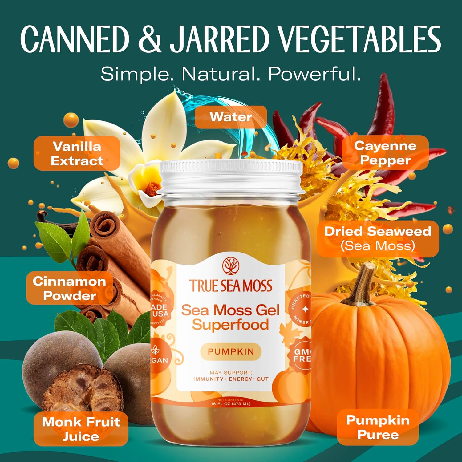 TrueSeaMoss Sea Moss Gel – Made in USA – Wildcrafted Seamoss, Fresh Fruits & Sea Vegetables – Pumpkin, Pack of 1 (Labels may Vary)