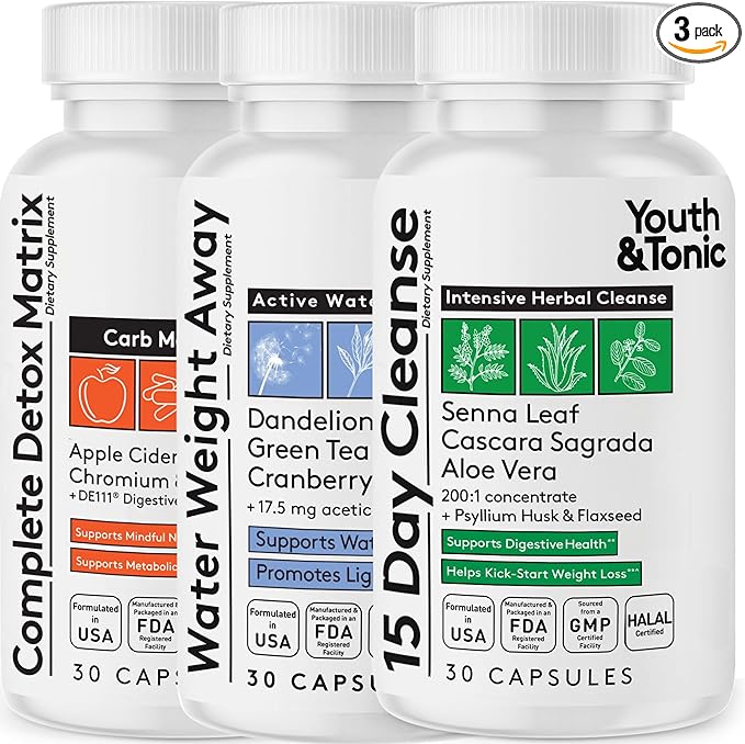 Youth & Tonic 3PK Detox Cleanse Kick Off Weight Management & Bloating Support – 15 Day Colon & Gut Cleanse, Water Weight Away & Detox Matrix Complex – 90 Pills