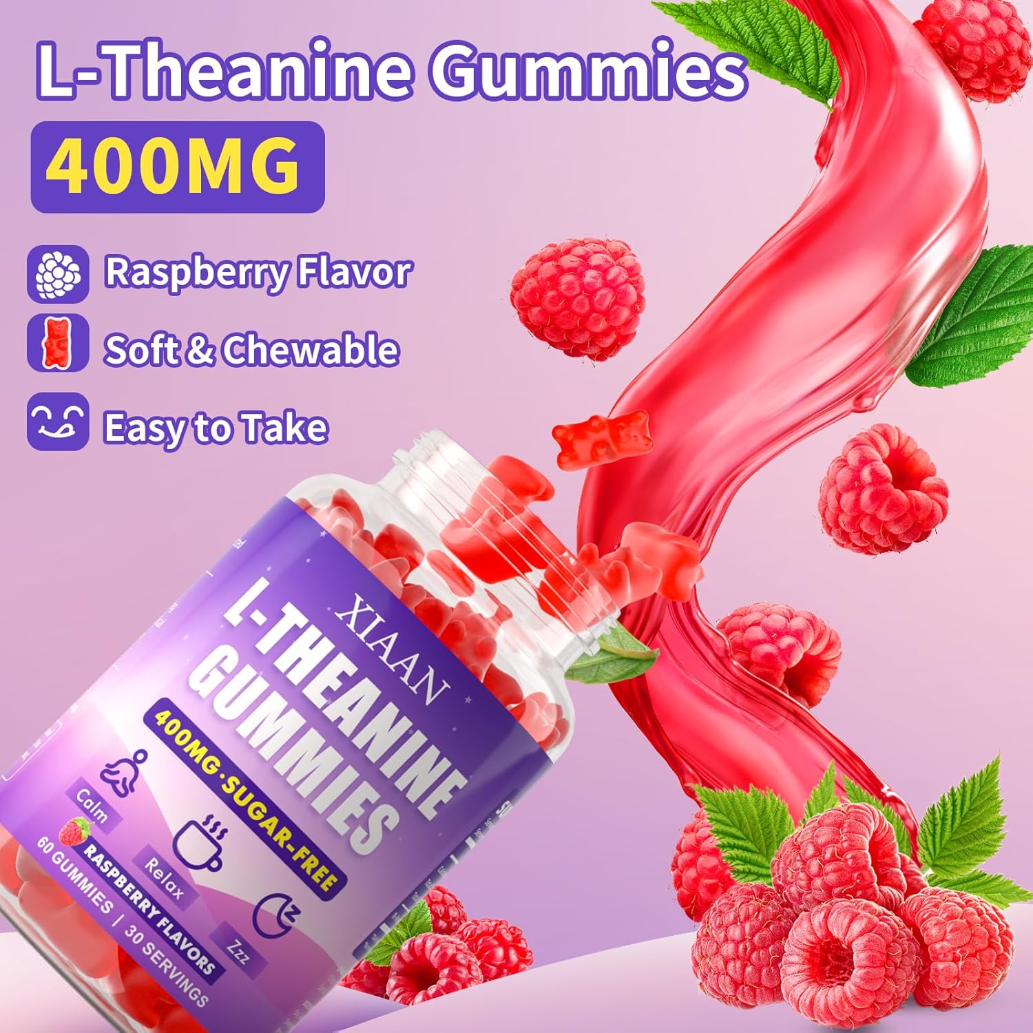 L-Theanine Gummies for Kids & Adults, L'Theanine 400mg Chewable L Theanine Supplement for Calm, Zzz & Relaxation Support, Vegan, Organic, Raspberry Flavor, 120 Counts
