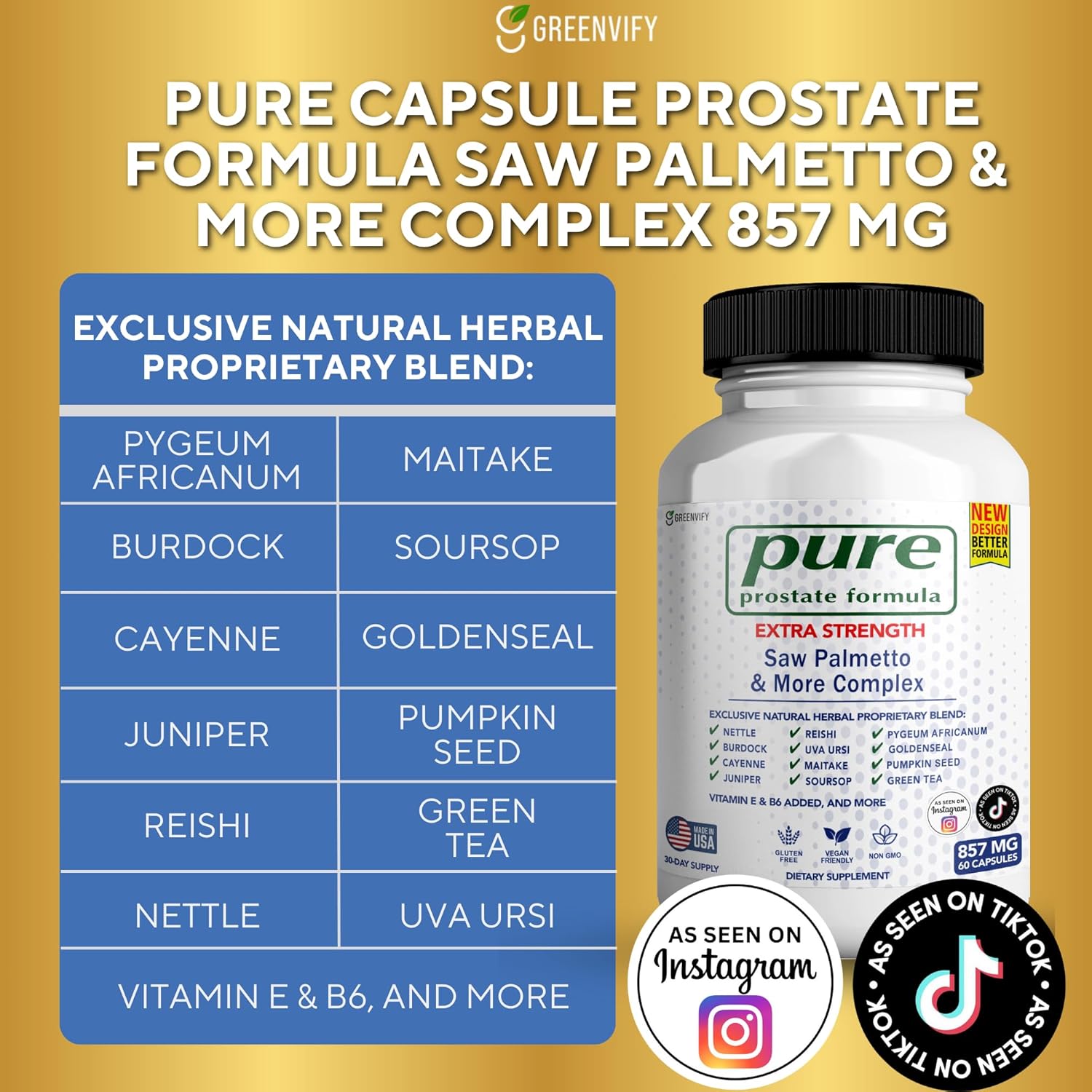 Pure Prostate Formula Saw Palmetto & More Complex 857 mg Prostate Supplements for Men Capsules, Health Supplements - Maximum Strength, All Natural to Support Normal & Healthy Function (5)