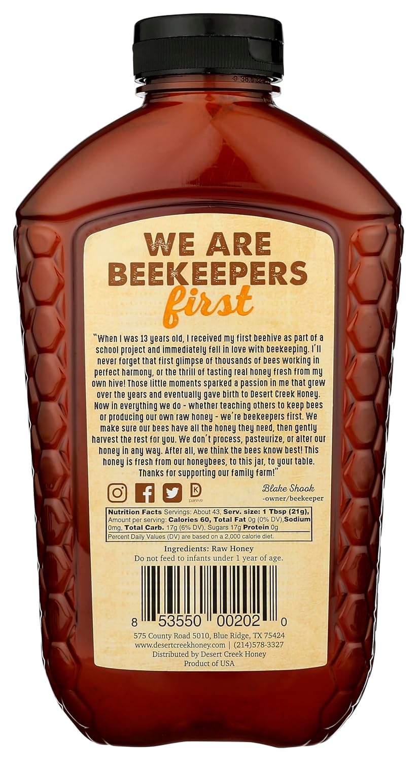 Desert Creek Honey - 100% Unfiltered, Pure, Raw Honey from Texas - Natural Sugar Substitute - Two Pounds of Unprocessed, Unpasteurized American Honey - Harvested by Our Own Beekeepers