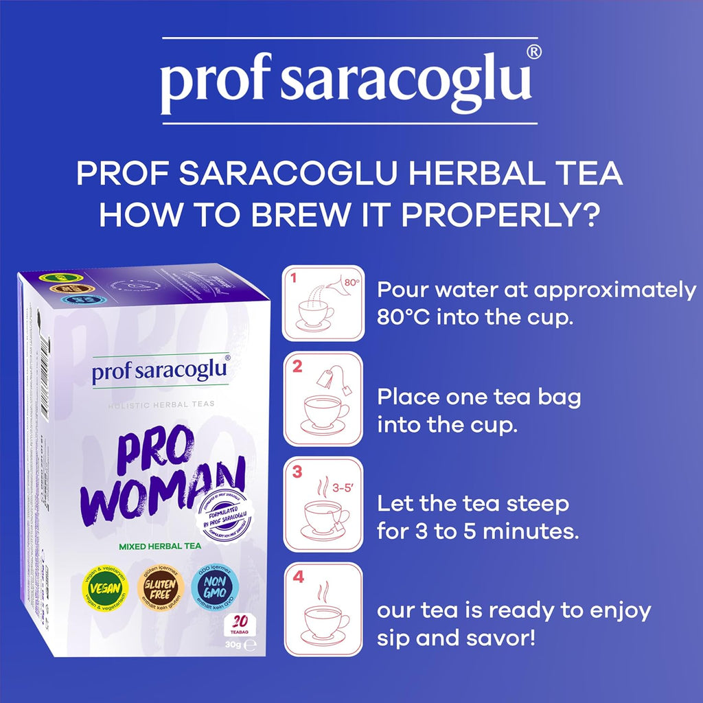 Prof Saracoglu 1 Box Pro-Woman Herbal Tea – Caffeine-Free Herbal Blend with Chamomile and Yarrow, Made for Women’s Daily Routine, 20 Organic Tea Bags in Resealable Box