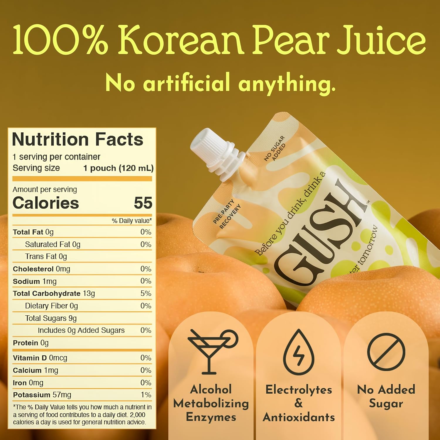 GUSH Pre-Drink Korean Pear Drink - (4 Pack) Pear Hydration Pouch with Enzyme Activation - Prevent Drinking Aftereffects - All Natural, Gluten-Free