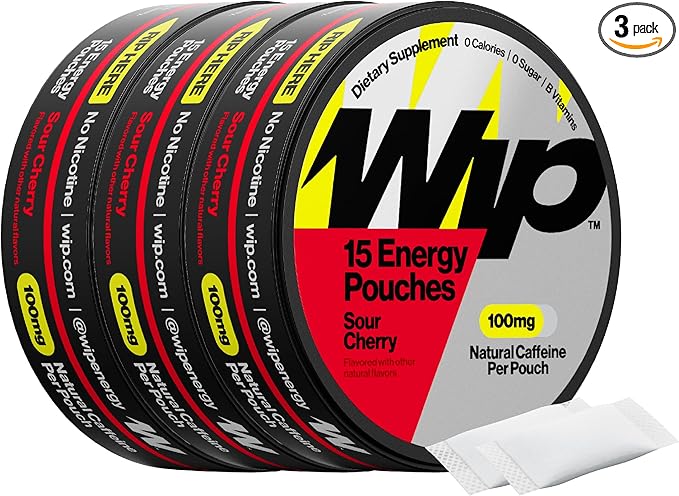 Wip Energy Pouches | 100mg Natural Caffeine | Vitamins and Minerals | Sour Cherry | 15 Pouches Per Can | 3 Cans