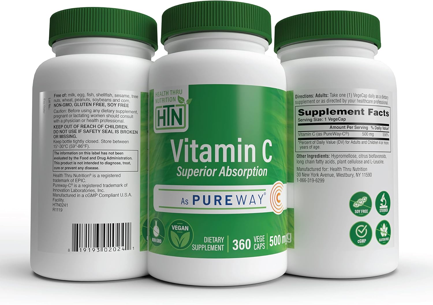 Health Thru Nutrition Vitamin-C 500mg as PureWay-C 360 Vegecaps Superior Absorption | Healthy Immune Function and Collagen Support | 3rd Party Tested | Vegan, Non-GMO and Gluten Free
