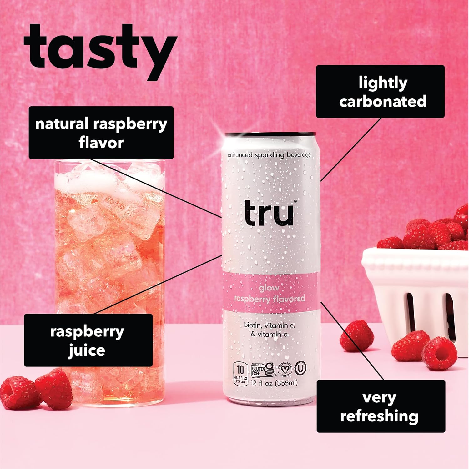 Tru Glow Seltzer, Sparkling Water with Biotin, Vitamin C, Vitamin A & Real Raspberry Juice, Sweetened with Monk Fruit & Stevia, Gluten Free, Vegan, Caffeine & Sugar Free, 12 FL OZ Cans, 12 Pack