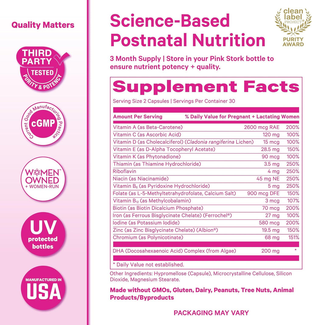 Pink Stork Total Postnatal Vitamins for Women with Vegan DHA, Iron, Folate, and Vitamin B12, Postpartum Recovery Essentials, Daily Supplement for Breastfeeding Moms - 3 Month Supply