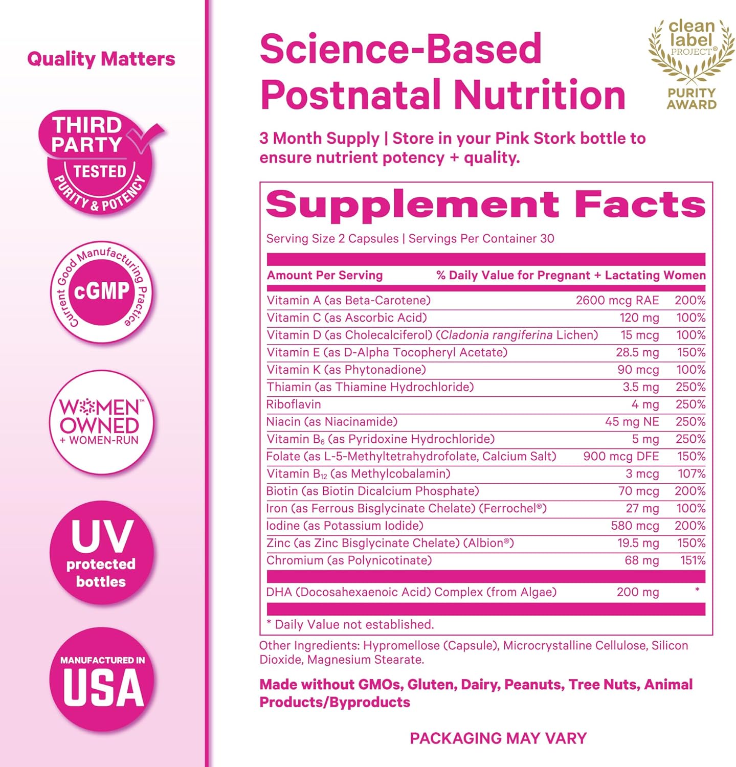 Pink Stork Total Postnatal Vitamins for Women with Vegan DHA, Iron, Folate, and Vitamin B12, Postpartum Recovery Essentials, Daily Supplement for Breastfeeding Moms - 3 Month Supply