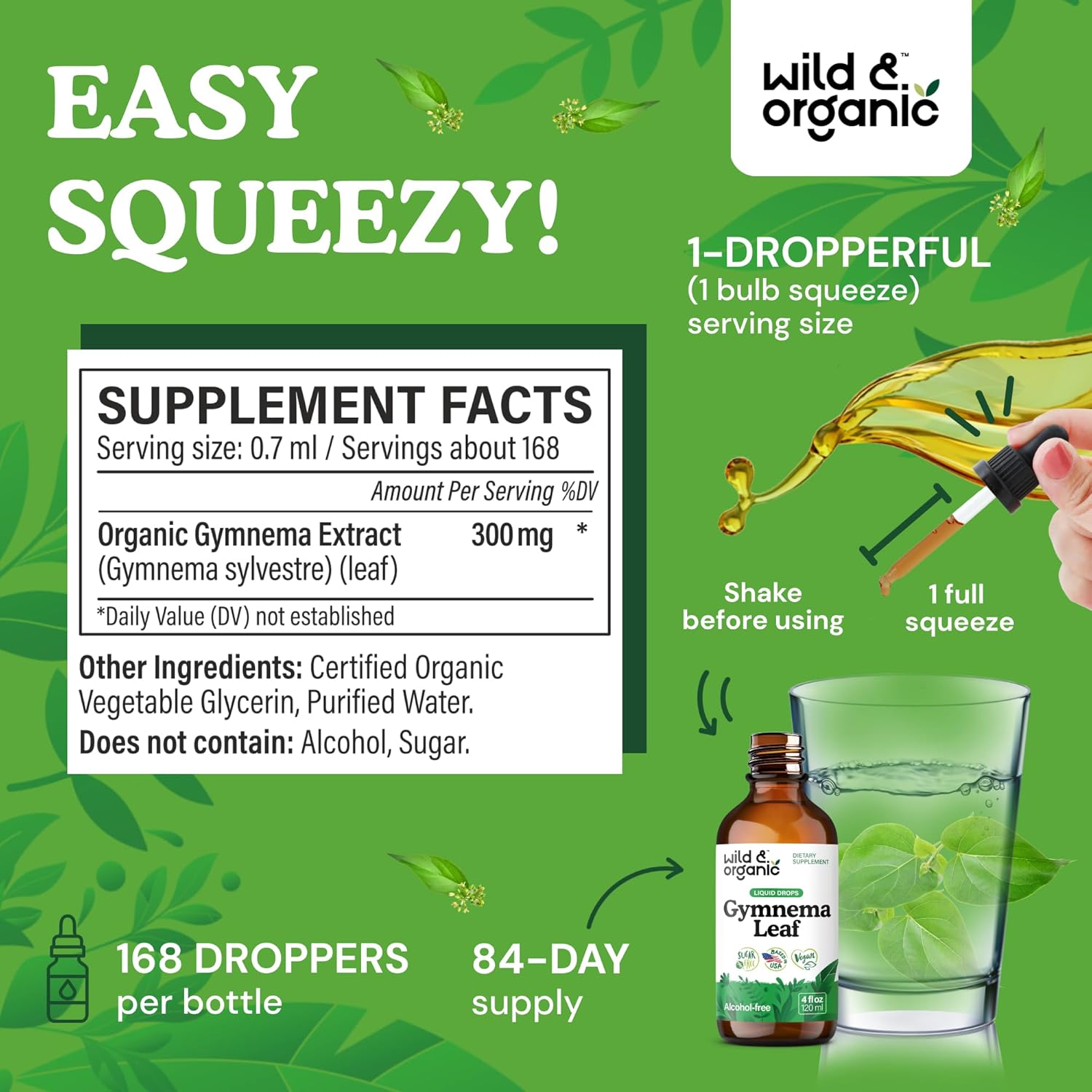 Wild & Organic Gymnema Sylvestre Extract Drops - Sugar-Free Gymnema Sylvestre Supplements - Gurmar Powder Based Tincture - Vegan, Alcohol-Free Leaf Liquid Drops - 4 fl oz