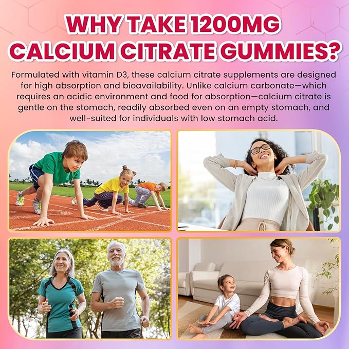 Calcium Citrate Gummies - 1200mg Calcium Gummies Supplements for Women & Men with Vitamin D3, K2, Magnesium, Zinc High Absorption for Bone, Muscle & Immune Support, Fruit Flavor, 120 Count