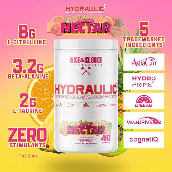 Axe & Sledge Hydraulic Stim-Free Pre-Workout Powder for Men & Women | Performance, Stamina, Focus, Pumps | L-Citrulline, Beta Alanine, Creatine, Caffeine-Free, Juicy Nectar