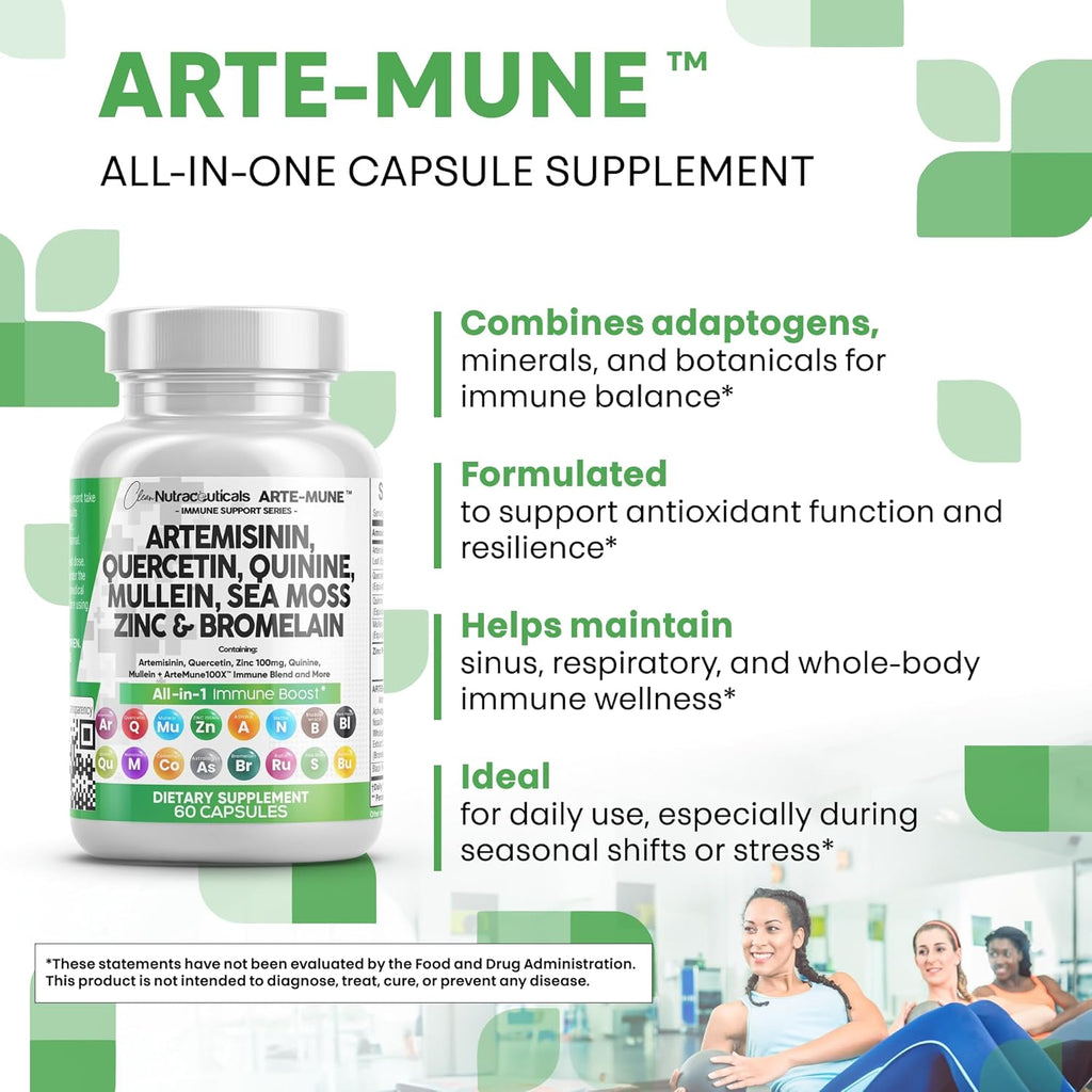 Clean Nutraceuticals Artemisinin Quercetin Zinc Mullein Quinine Supplement with Sea Moss Bromelain Ashwagandha Root Nettle Leaf Bladderwrack Burdock Root Monolaurin Colostrum Rutin