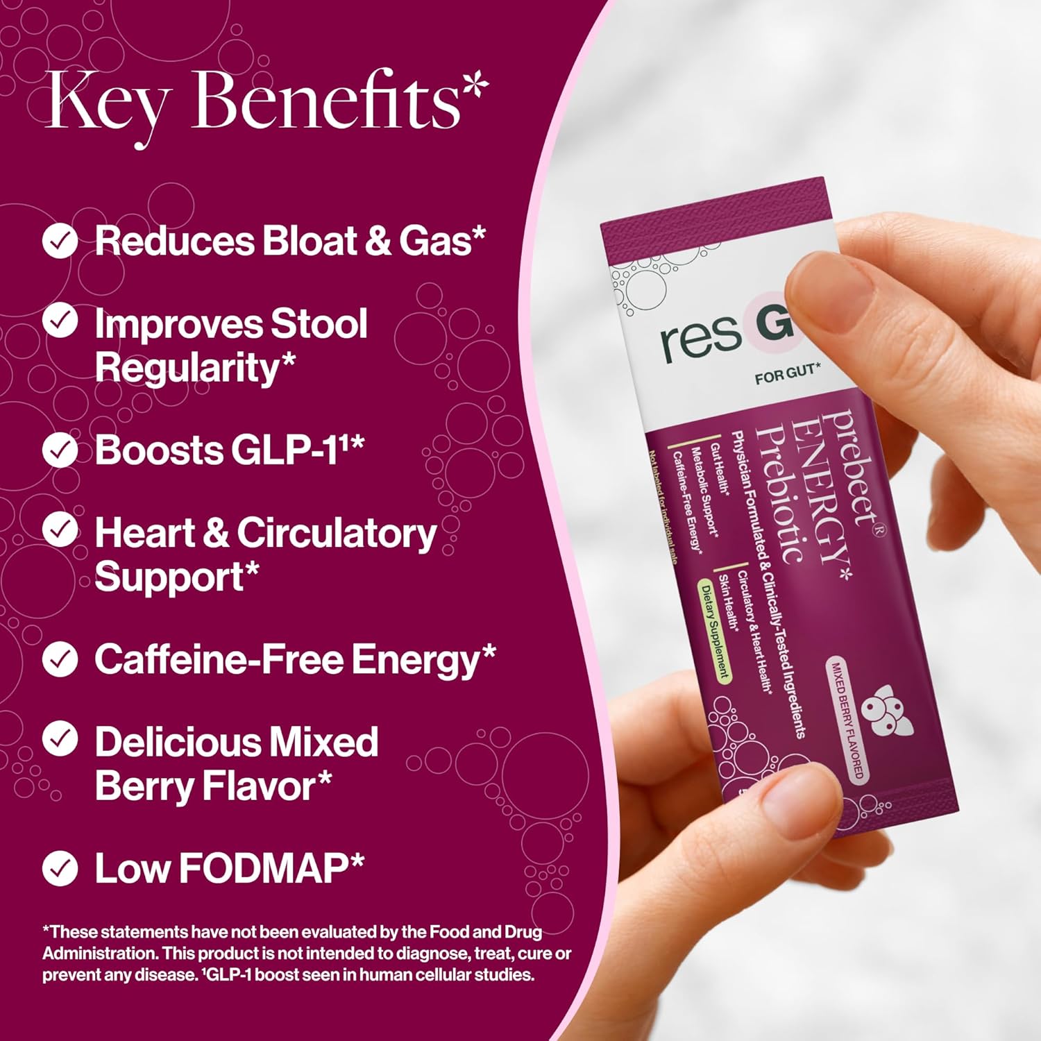 ResBiotic resG prebeet Prebiotic - Fiber Digestion Supplement, Drinkable GLP-1, Powder Packets for Women & Men, On The Go Gut Health Drink Mix, Gluten Free, Sugar Free - 15 Stick Packs