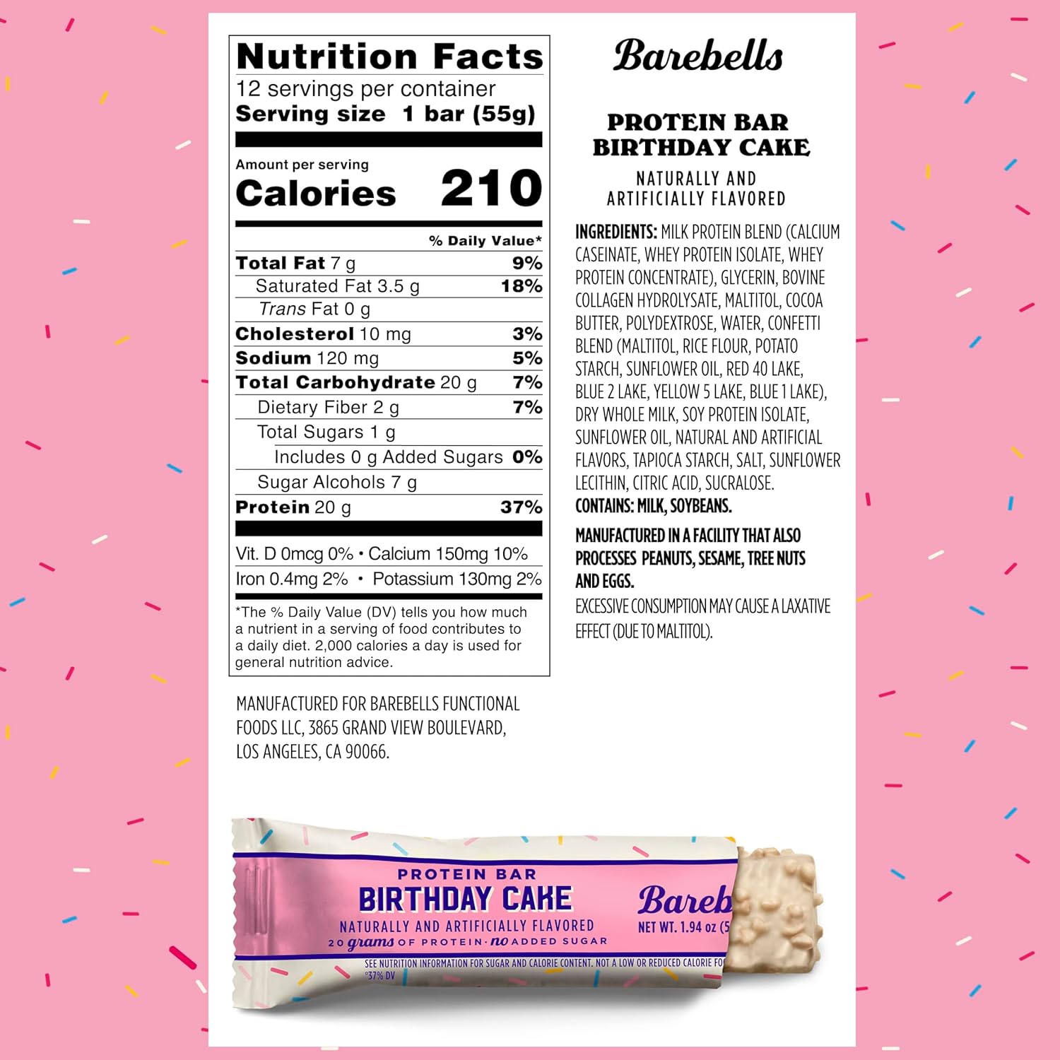 Barebells Protein Bars Birthday Cake - 12 Count, 20g High Protein Treats - Chocolate Nutrition Bar with 1g Total Sugars - On-The-Go Breakfast or Post-Workout Snack