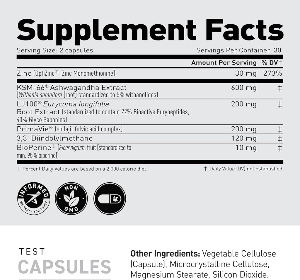 Kaged Test Capsules | Unflavored | Testosterone Booster Ferodrox | Premium Hormone Managment | LJ100 Tongkat Ali KSM-66 Ashwagandha Shilajit | Supplements for Men & Women | 60 Servings