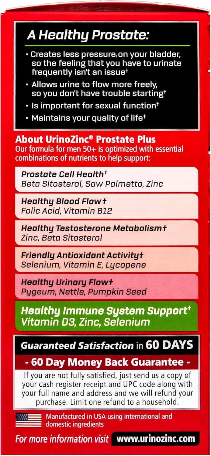 Urinozinc Prostate Plus, Saw Palmetto & Beta Sitosterol Supplement for Men, Reduce Frequent Urination (2 Month Supply, 120 Count)