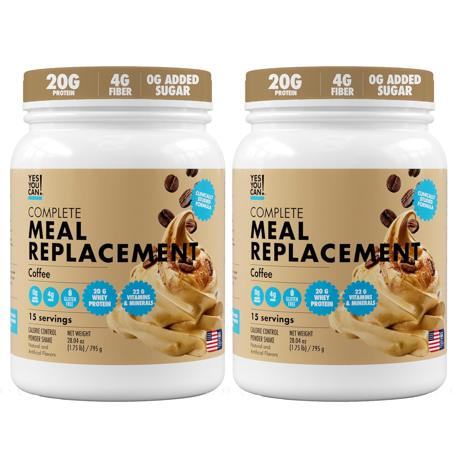 Yes You Can! Meal Replacement Shake - 20G Protein, 4G Fiber, 21 Vitamins & Minerals, 0G Added Sugar - Meal Replacement Protein Powder - Complete All-in-One Nutrition - 15 Servings (Coffee) - 2 Pack