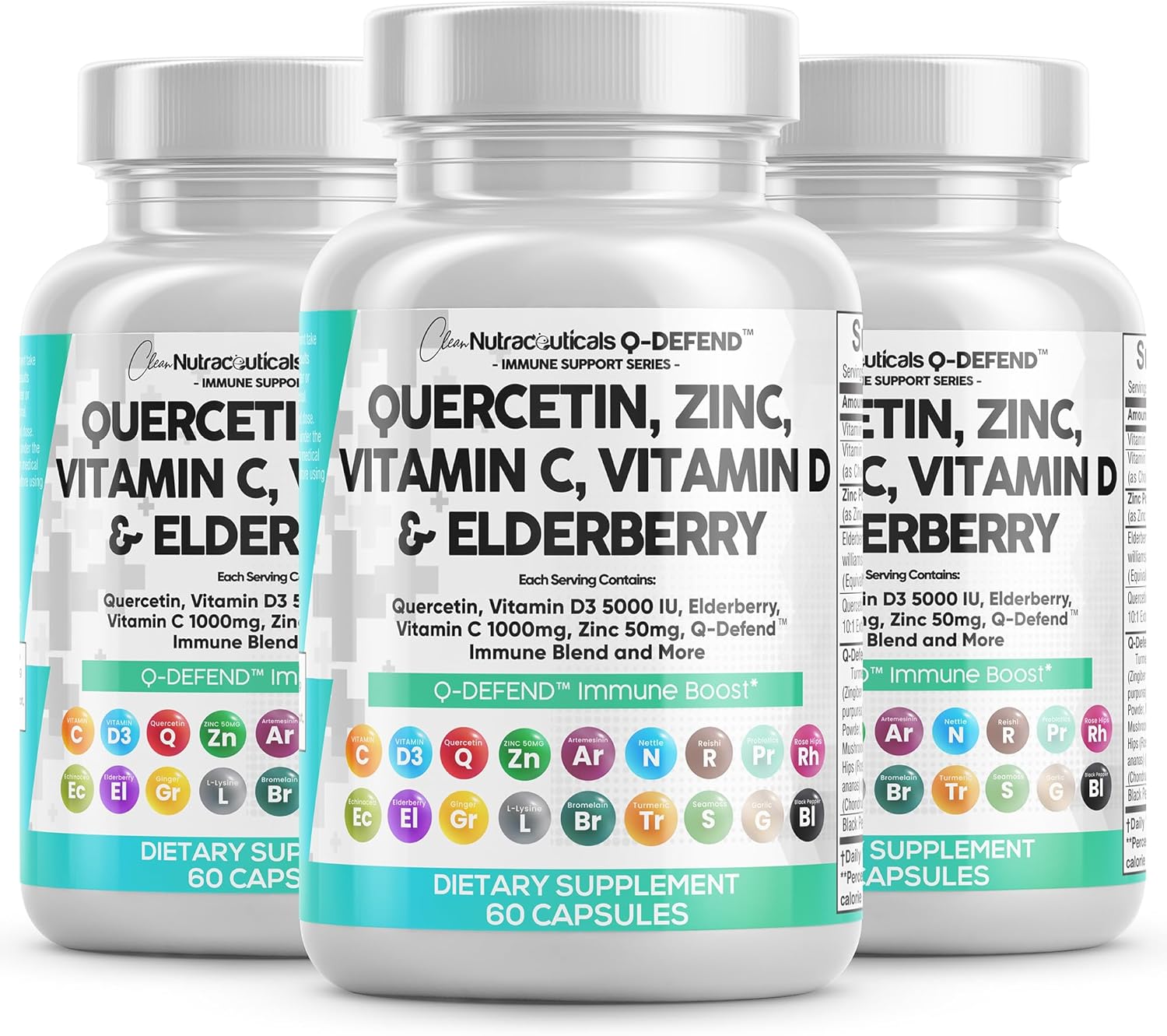 Clean Nutraceuticals Quercetin Zinc Vitamin C Vitamin D Bromelain Elderberry - Lung Immune Support Supplement Adults with Artemisinin, Sea Moss, Echinacea, Allergy Relief (60 Count (Pack of 3))