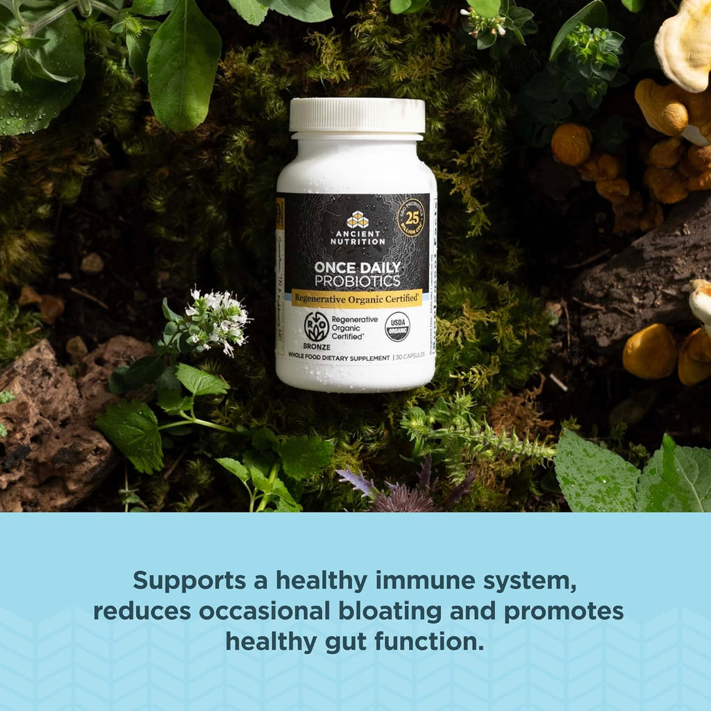 Ancient Nutrition Regenerative Organic Certified Probiotics, Daily Probiotics Once Daily, Healthy Digestion and Immune System Function Support, 25 Billion CFUs* Per Serving, 30 Count